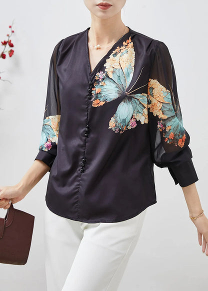 Black V Neck Butterfly Silk Blouses Spring