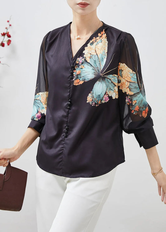 Black V Neck Butterfly Silk Blouses Spring
