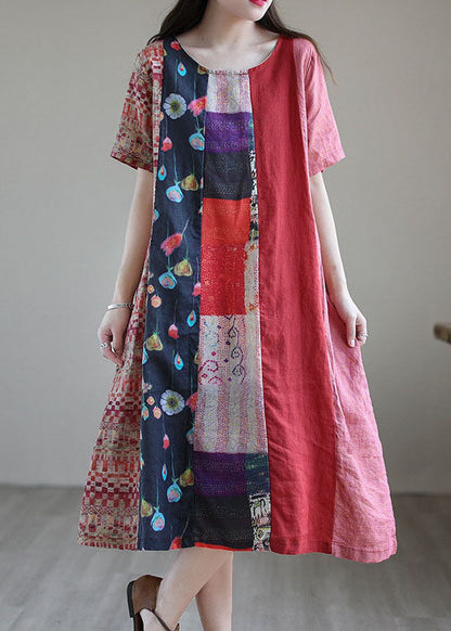 Red Loose Patchwork Linen Fall Short Sleeve Long Dresses