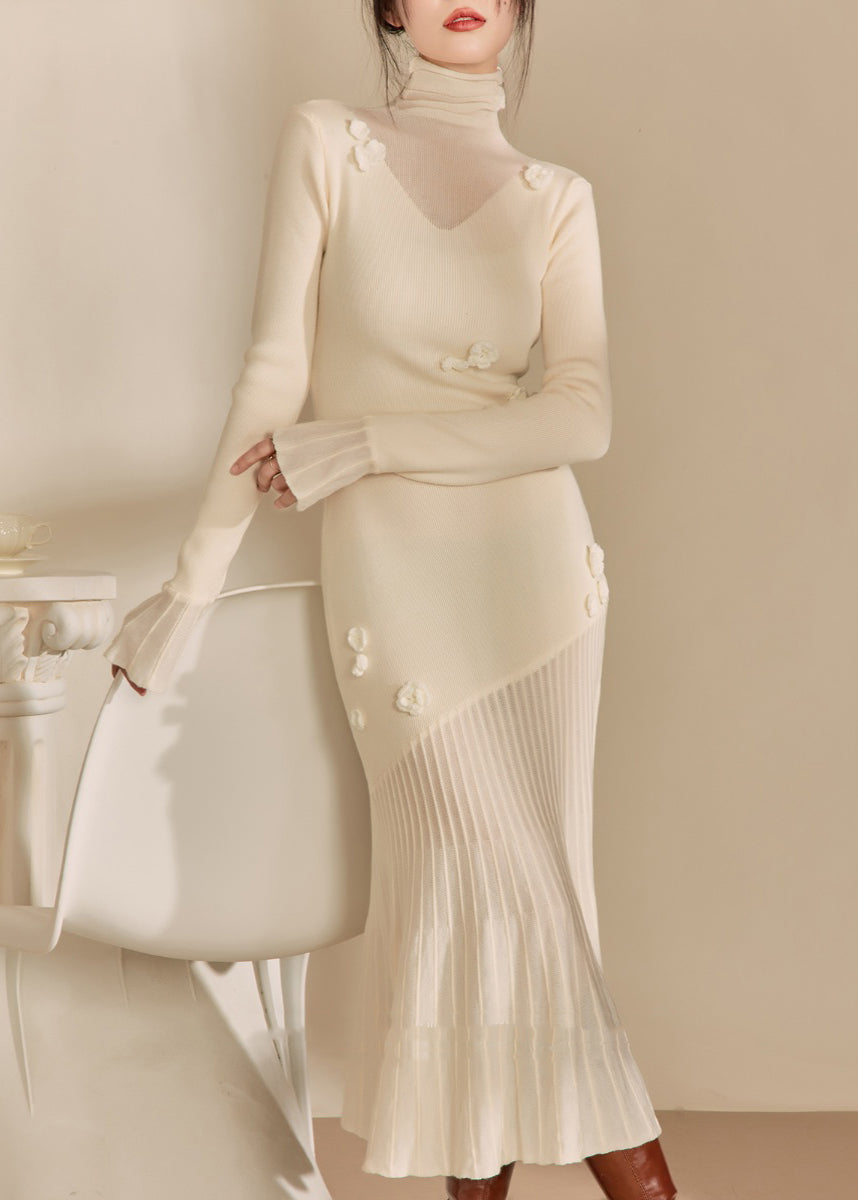 White Hign Neck Patchwork Slim Fit Knit Sweater Dress Fall