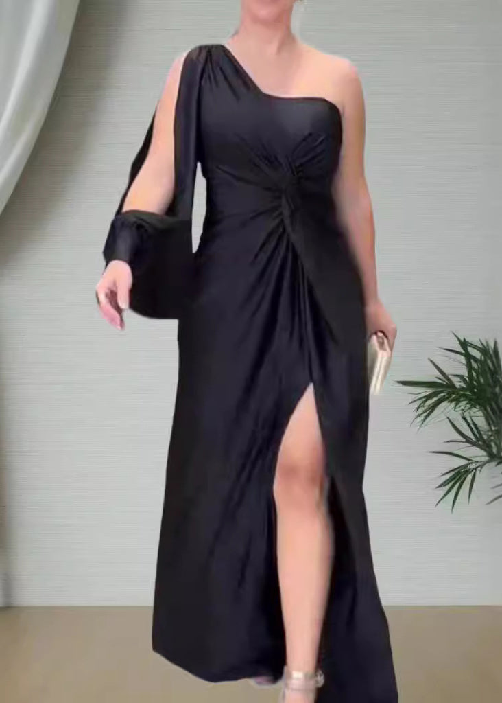 Italian Army Green One Shoulder Wrinkled Side Open Silk Dresses Summer