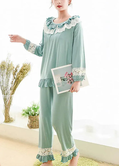 Blue Lace Patchwork Cotton Pajamas Two Piece Set Fall
