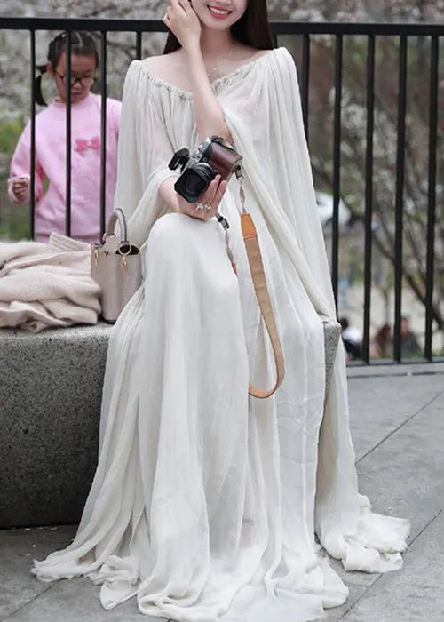 White Slash Neck Wrinkled Cotton Maxi Dress Sleeveless
