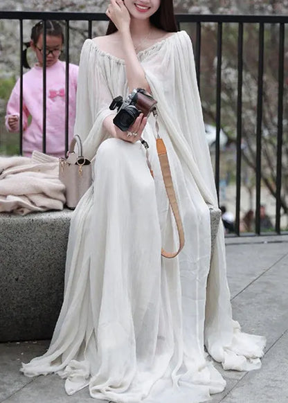 White Slash Neck Wrinkled Cotton Maxi Dress Sleeveless