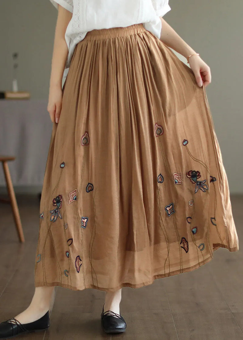 Black Elastic Waist Embroidered Linen Silk Skirt Spring