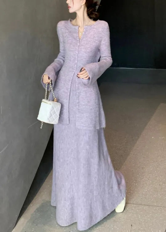 Purple Button Front Open Knit Two Piece Set Flare Sleeve