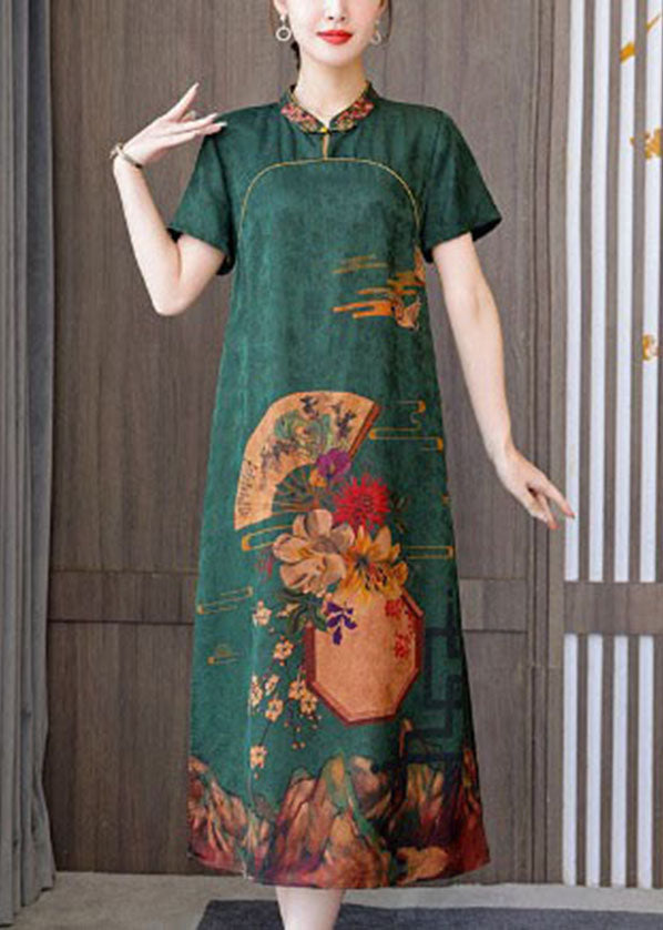 Green Silk Cheongsam Dress Stand Collar Side Open Short Sleeve