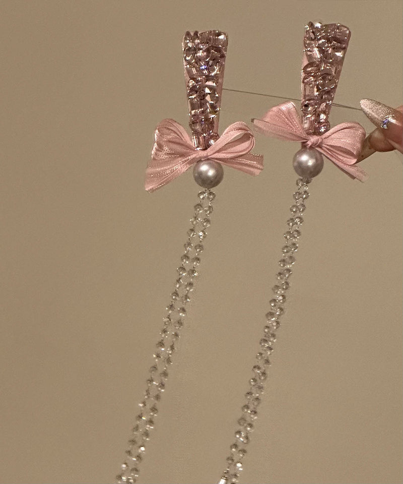 Novelty Pink Alloy Bow Zircon Tassel a Pair Hairpin