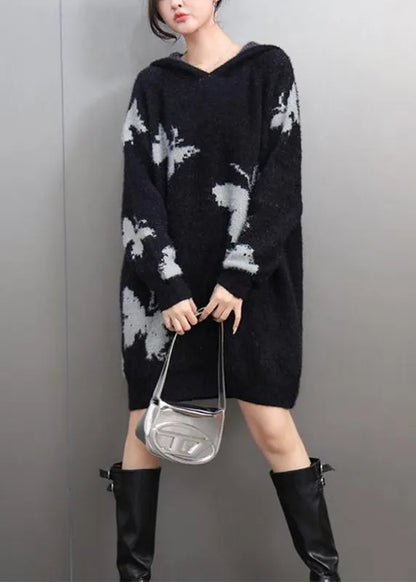Black V Neck Thick Print Cotton Knit Sweaters Winter