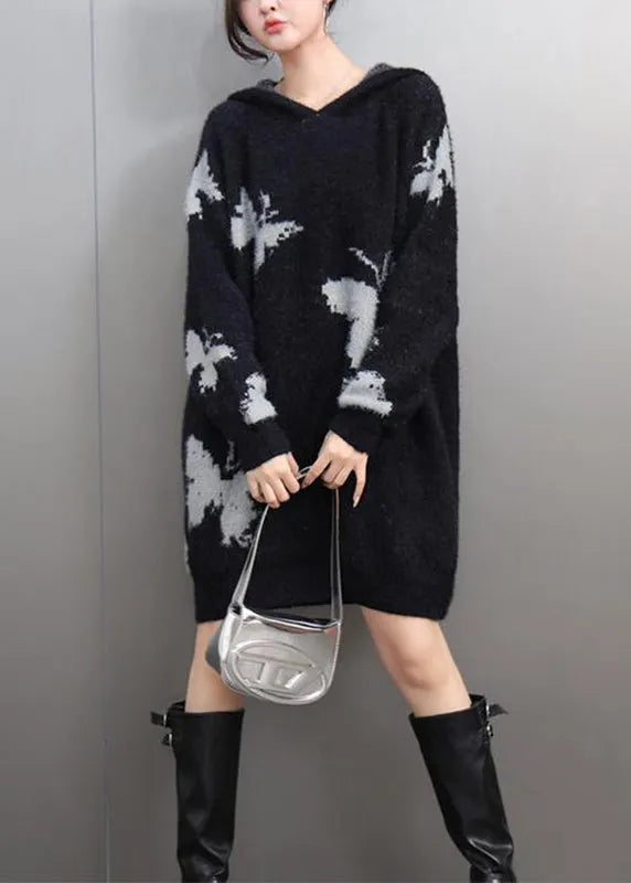 Black V Neck Thick Print Cotton Knit Sweaters Winter