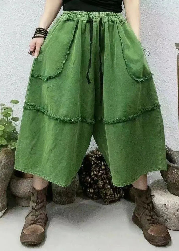 Green Pockets Patchwork Elastic Waist Denim Crop Pants Summer