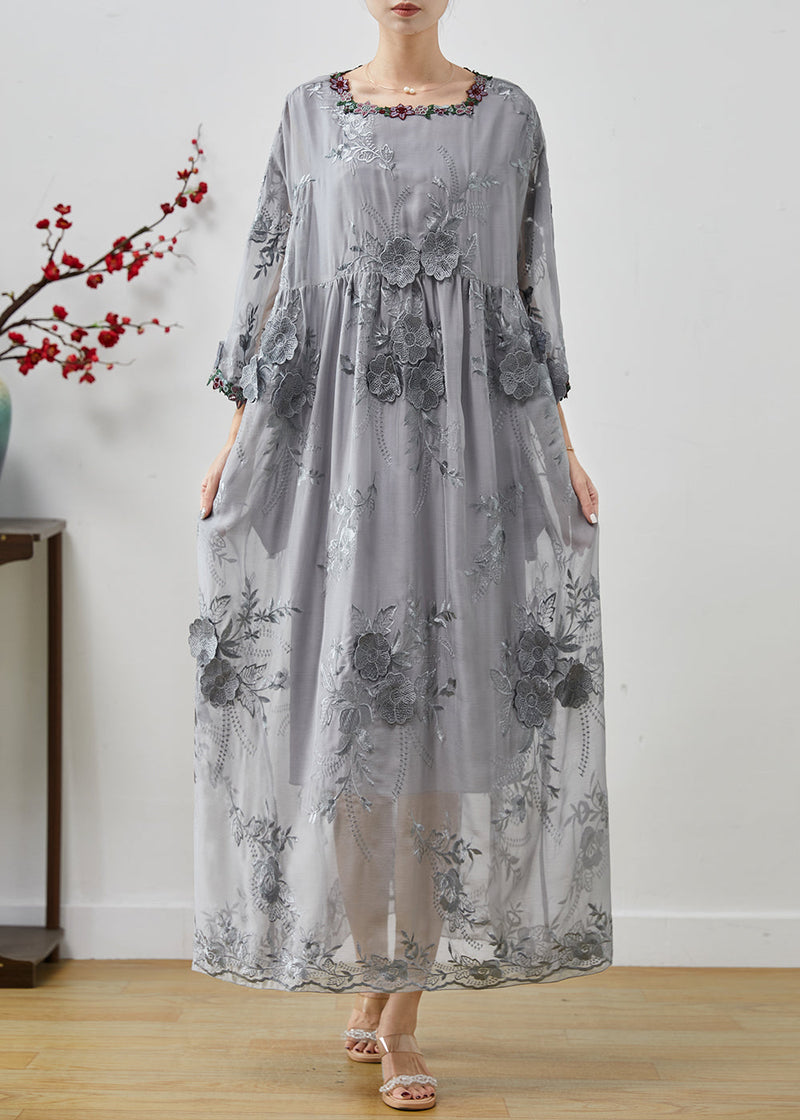Grey Embroidered Silk Party Dress Fall