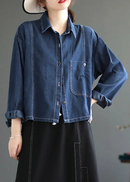 Blue Peter Pan Collar Patchwork Button Denim Coats Spring