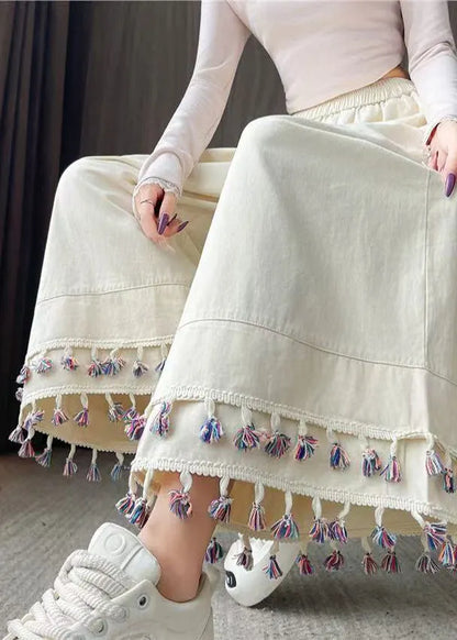 White Tasseled Patchwork Cotton Crop Pants Fall