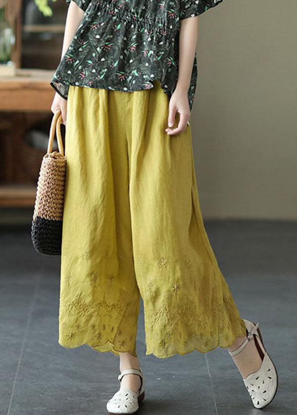 Yellow Elastic Waist Embroidered Linen Crop Pants Summer