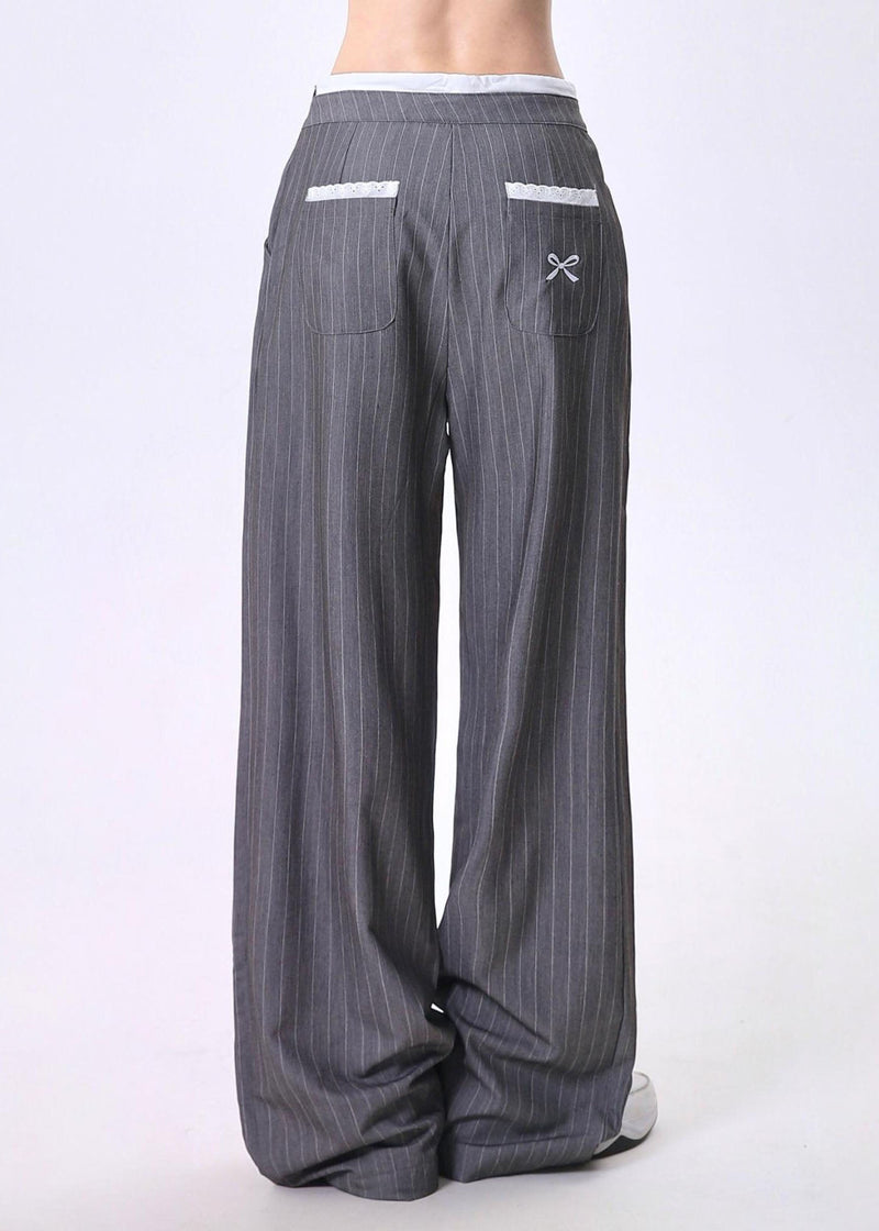 Grey Embroidered Bow Striped Patchwork Cotton Pants Spring