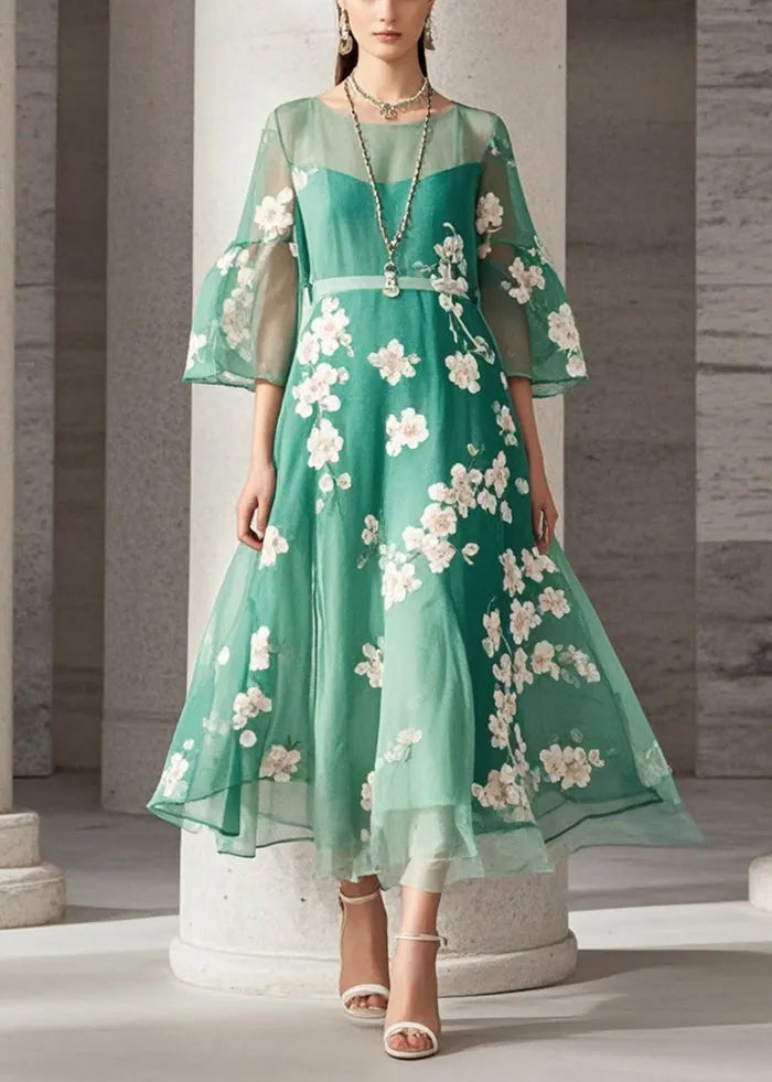 Green Print Chiffon Long Dresses Summer