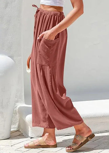 White Pockets Elastic Waist Cotton Pants Summer