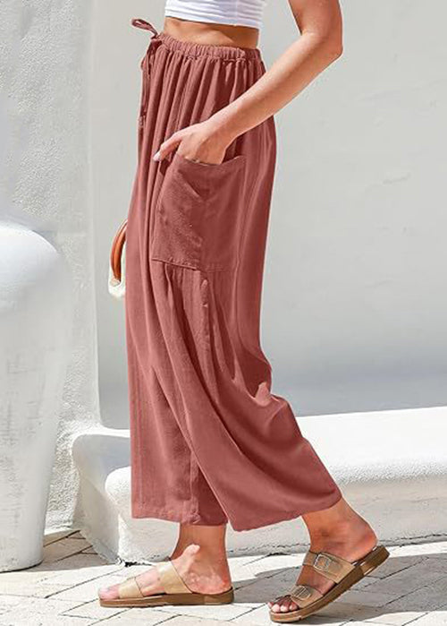 White Pockets Elastic Waist Cotton Pants Summer