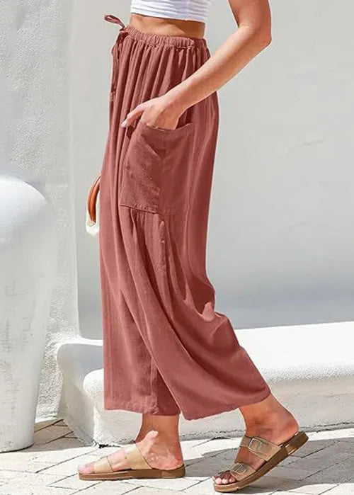 White Pockets Elastic Waist Cotton Pants Summer