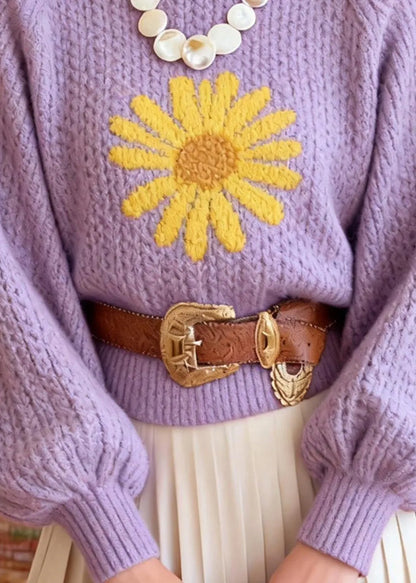 Stylish Purple Hign Neck Jacquard Knit Short Sweater Winter