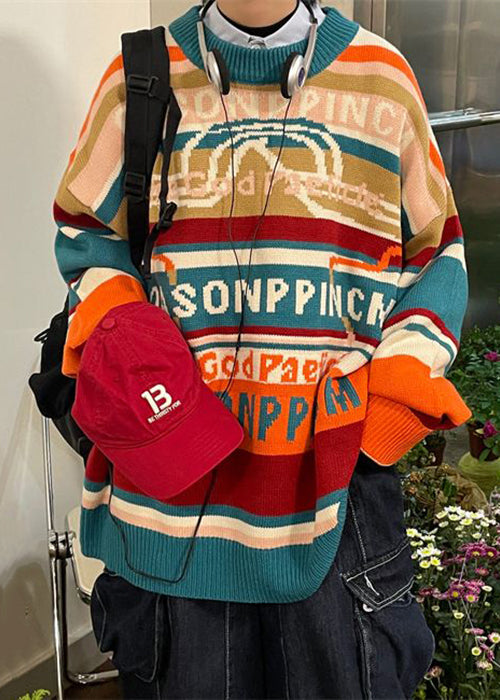 Blue Striped Letter Cotton Knit Sweaters Winter
