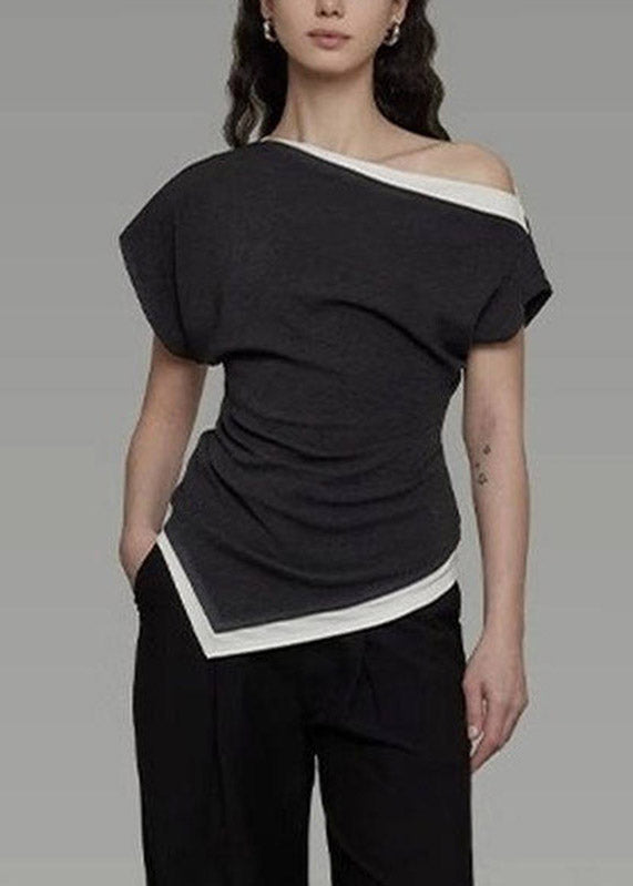 Dark Grey Slash Neck Asymmetrical Top Short Sleeve