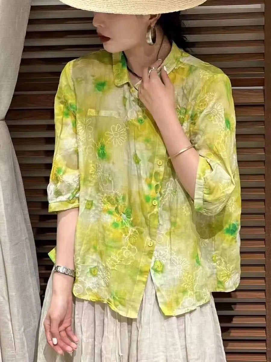Summer Flower Slant Button-up Ramie Shirt