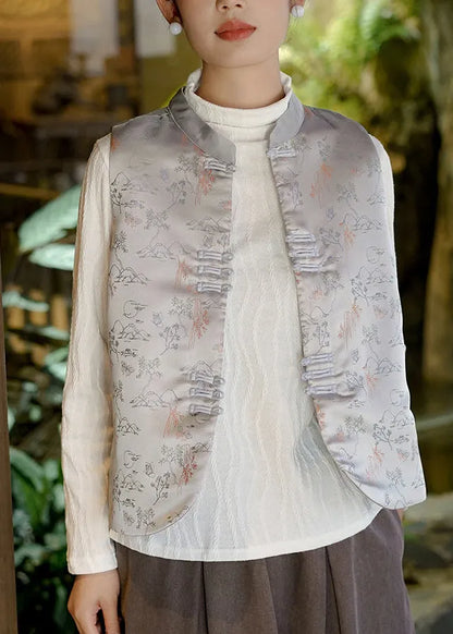 Chinese Style Grey Jacquard Fine Cotton Filled Silk Vest Sleeveless