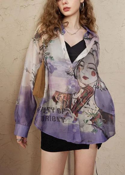 Loose Purple Peter Pan Collar Print Chiffon Blouses Long Sleeve