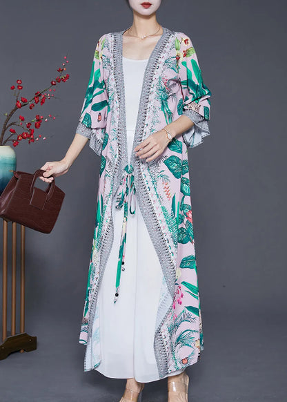 Green Leaf Print Lace Up Chiffon Long Cardigan Fall