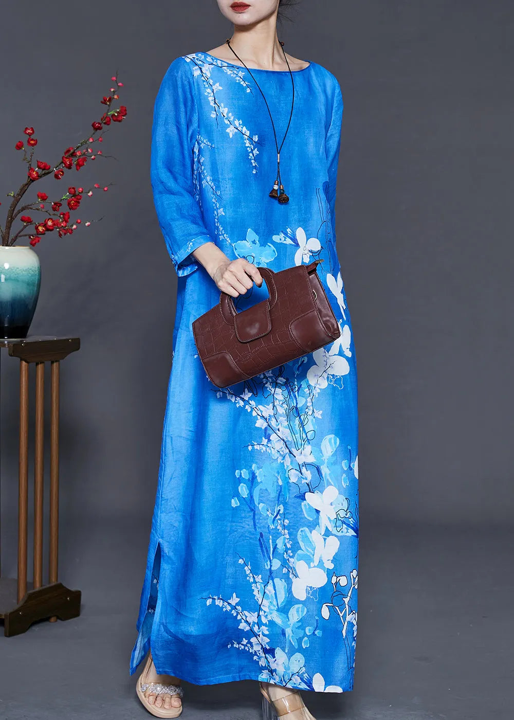 Peacock Blue Print Side Open Linen Dress Bracelet Sleeve