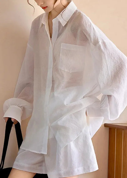 Simple White Pockets Shirts and Shorts Two Piece Suit Set Long Sleeve