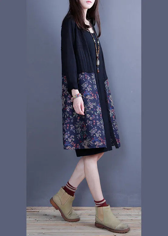 Blue Button Patchwork Print Knit Loose Spring Cardigans