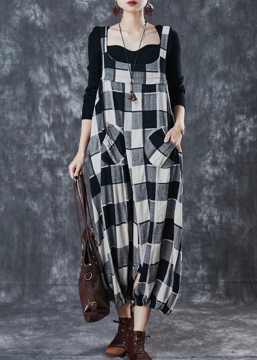 Grey Plaid Cotton Harem Pants Jumpsuits Oversized Spring