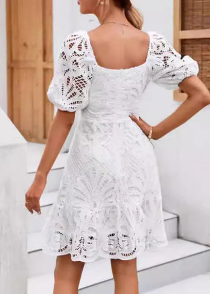 Classy White Hollow Out Lace Mid Dress Summer