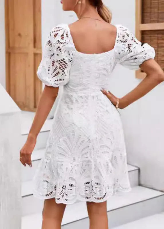 Classy White Hollow Out Lace Mid Dress Summer
