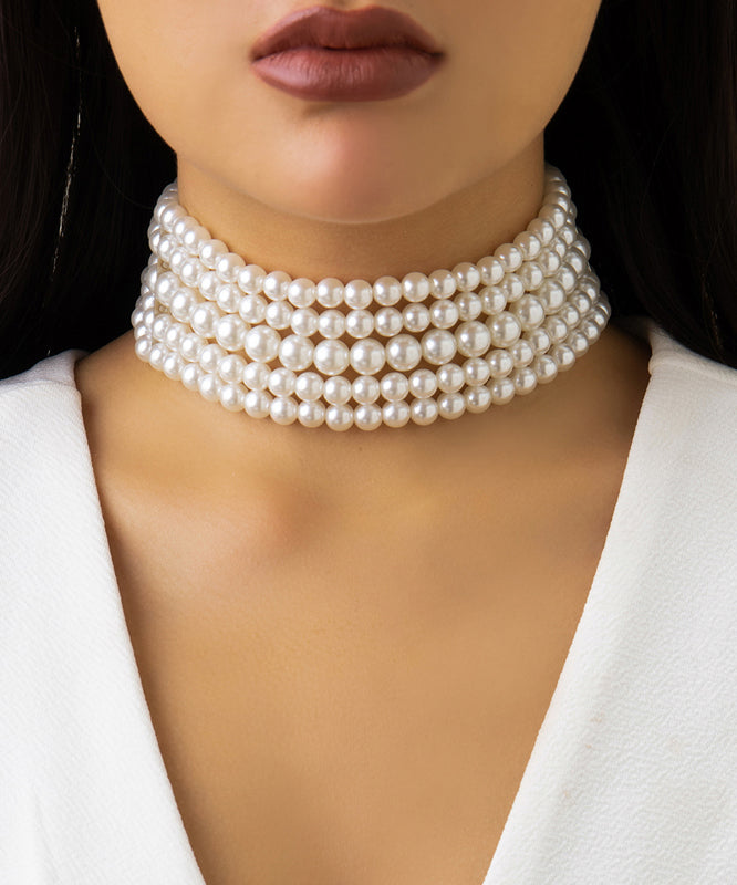 White Metal Multi Layer Pearl Necklace