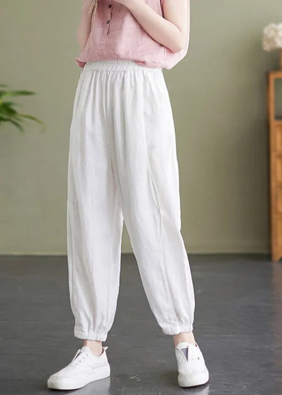 Handmade White Elastic Waist Beam Pants Summer