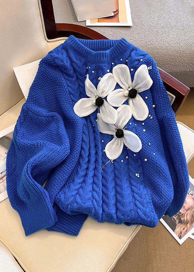 Blue O Neck Nail Bead Knit Sweater Winter