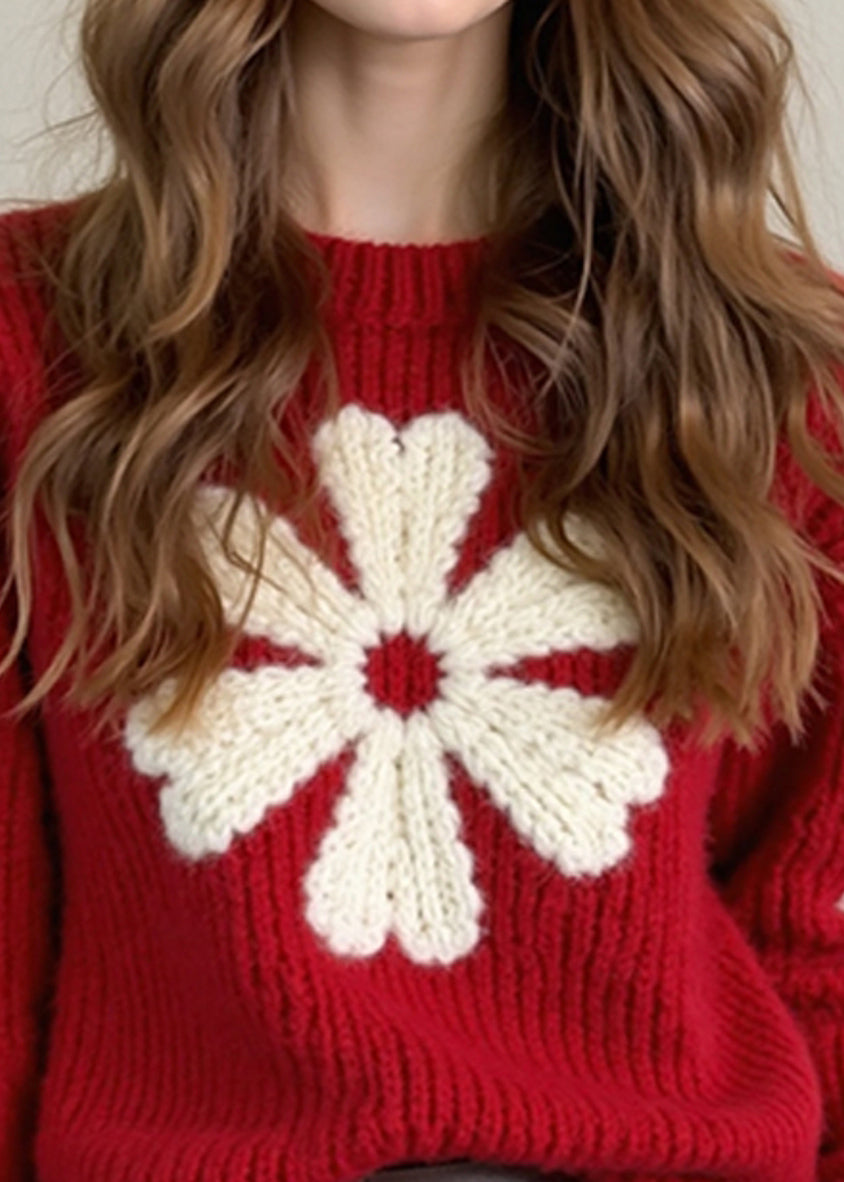 French Red O Neck Thick Knit Sweaters Winter