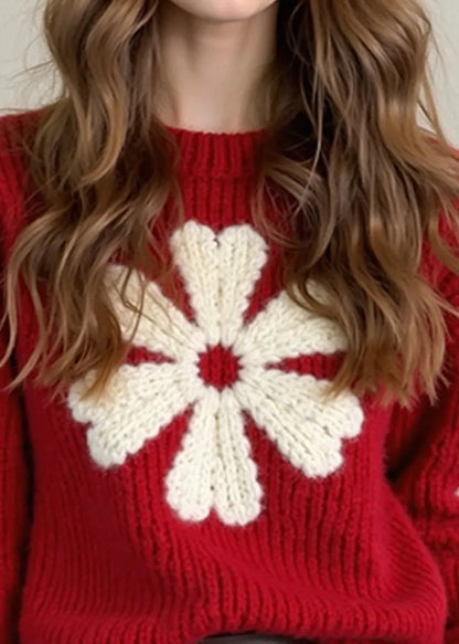 French Red O Neck Thick Knit Sweaters Winter