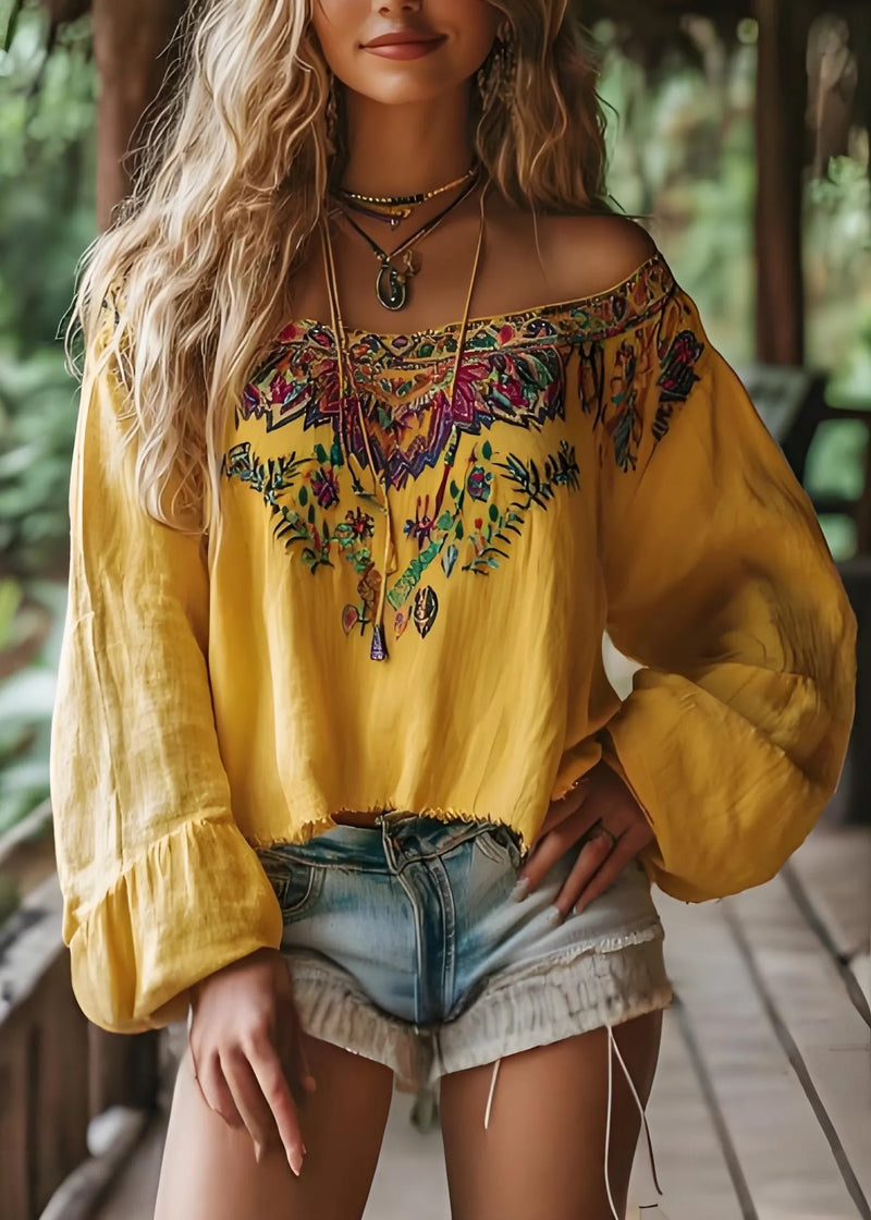 Yellow Slash Neck Print Cotton Shirts Spring
