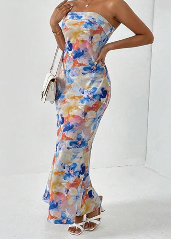 Stylish Blue Print Cotton Strapless Dresses Sleeveless