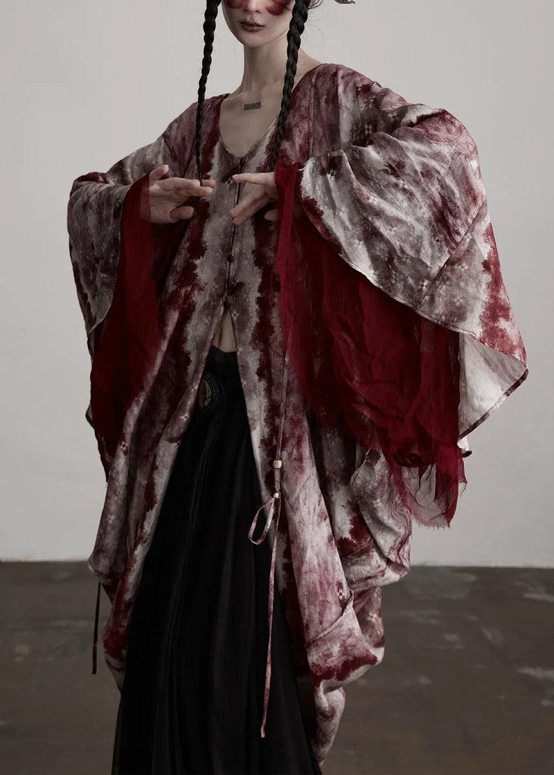 Red V Neck Asymmetrical Design Silk Cardigan Batwing Sleeve