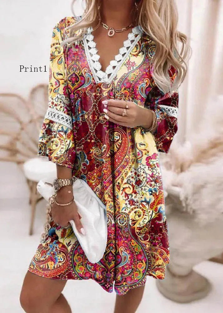V Neck Print Patchwork Cotton Mid Dresses Summer