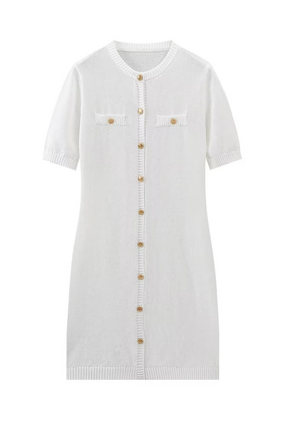 Daily Celebrities Color Buckle O Neck a Line Short Sleeve Dress