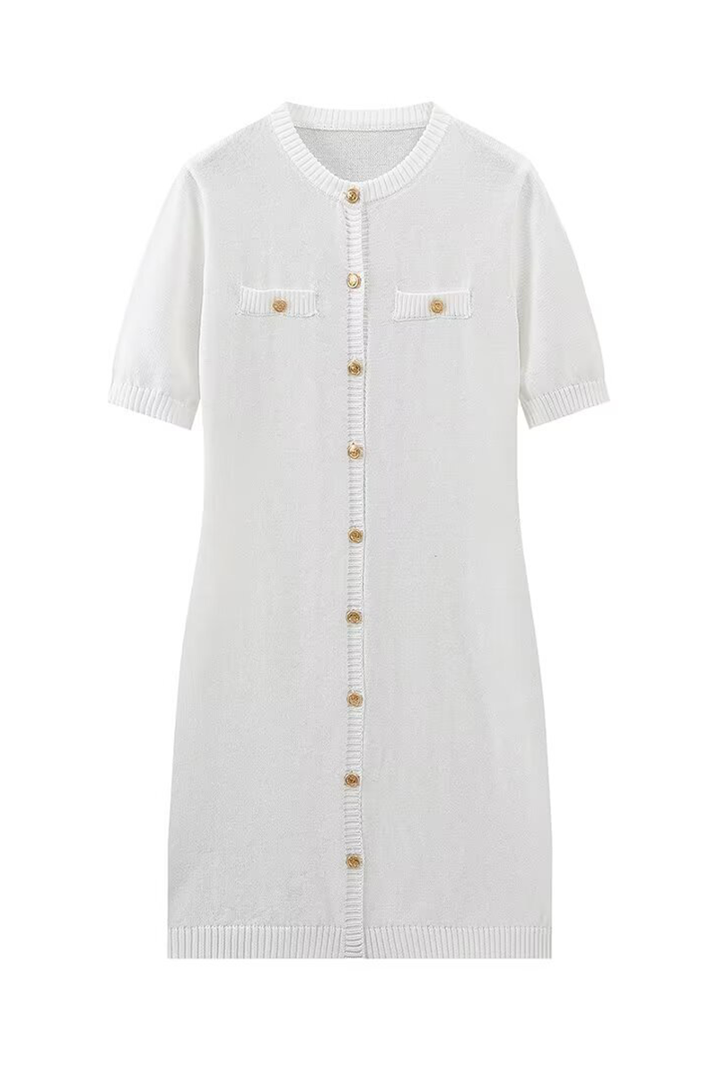 Daily Celebrities Color Buckle O Neck a Line Short Sleeve Dress