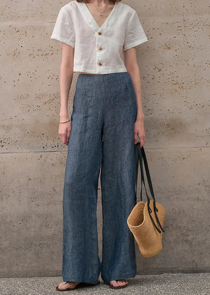 Blue Zippered Versatile Linen Wide Leg Pants Summer