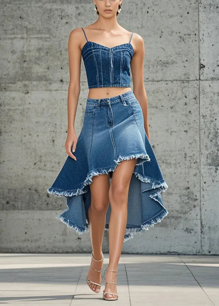 French Blue Low High Design Exra Large Hem Denim Skirts Fall